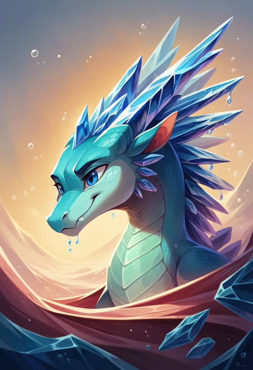 A small, magical water dragon sits atop an ancient book with worn leather covers and faded gold letters. Its semi-transparent body shimmers like pure mountain streams, with each movement releasing delicate droplets that evaporate into a light mist. The dragon's head features crystal-clear, ice-like horns, and its deep blue eyes reflect the ocean's mysteries. Its wings, resembling waterfalls, glisten in the light, appearing as thin films of water. With graceful, watery limbs and a tail that coils around the book, the dragon emanates an aura of tranquility, as if nature itself rests upon the pages.