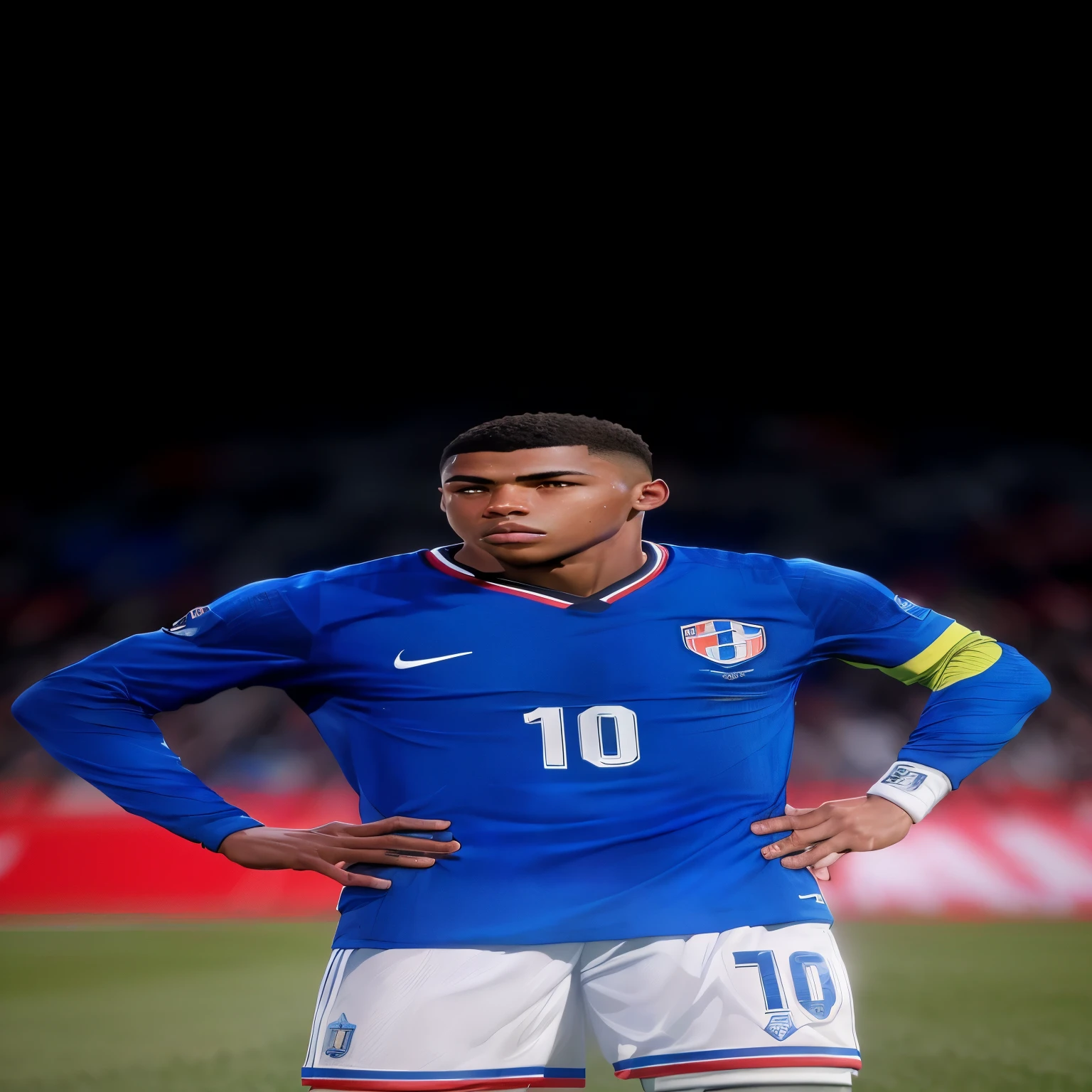 arafed anime 3D soccer player standing on a field with his hands on his hips, inspired by Jules Tavernier, inspired by Mbappe, france, mbappe,France club , paris, gallant, intense look, inspired by mbappe, looking serious, end of an era, ronaldo nazario fenomeno, aesthetic shot
