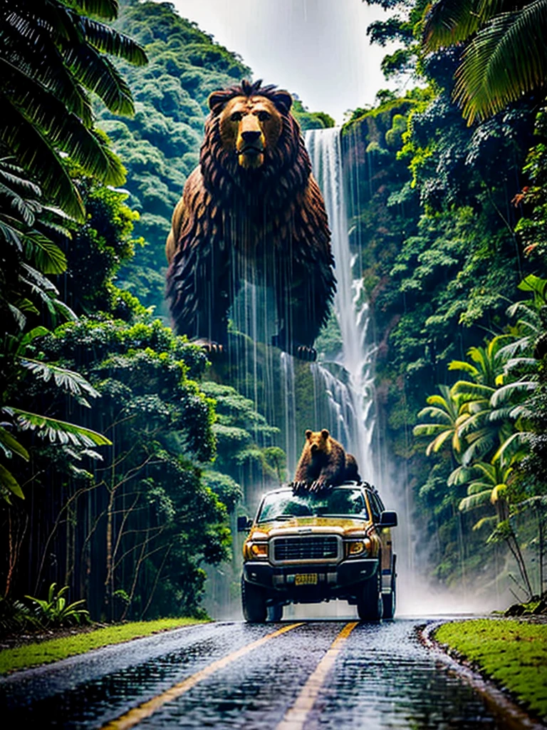 A man in rain forest, bear and lion on front of him , some realistic buildings nearby , great roads, wayerfall