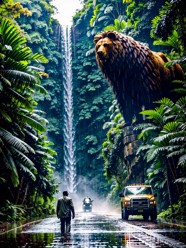 A man in rain forest, bear and lion on front of him , some realistic buildings nearby , great roads, wayerfall