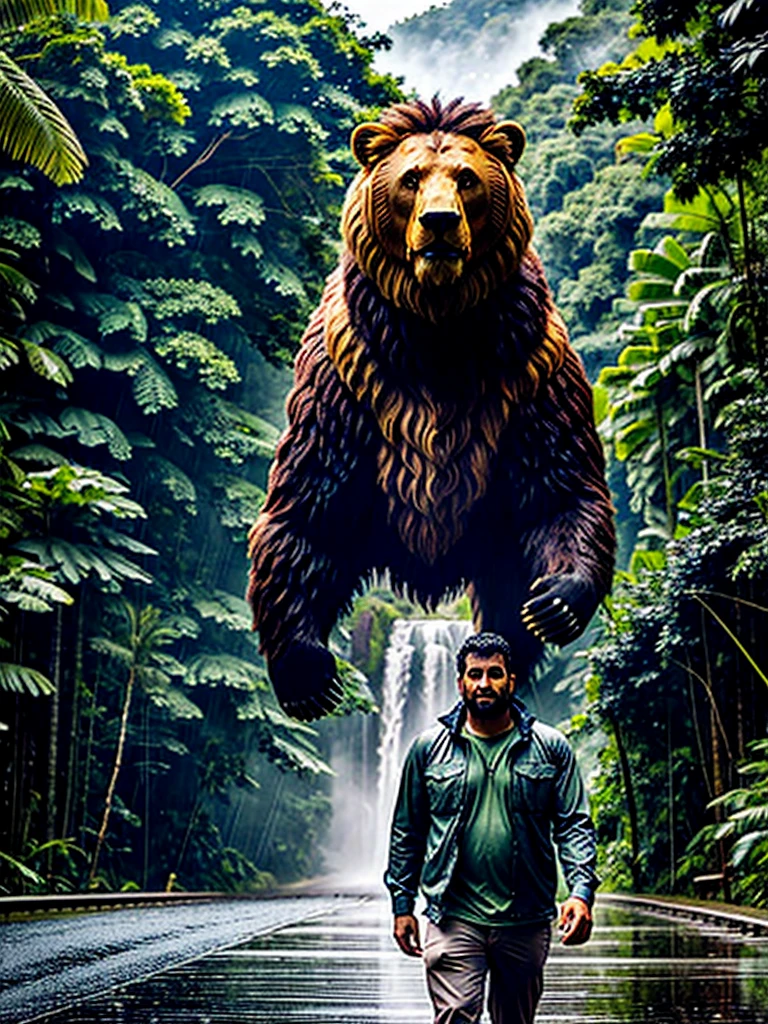 A man in rain forest, bear and lion on front of him , some realistic buildings nearby , great roads, wayerfall