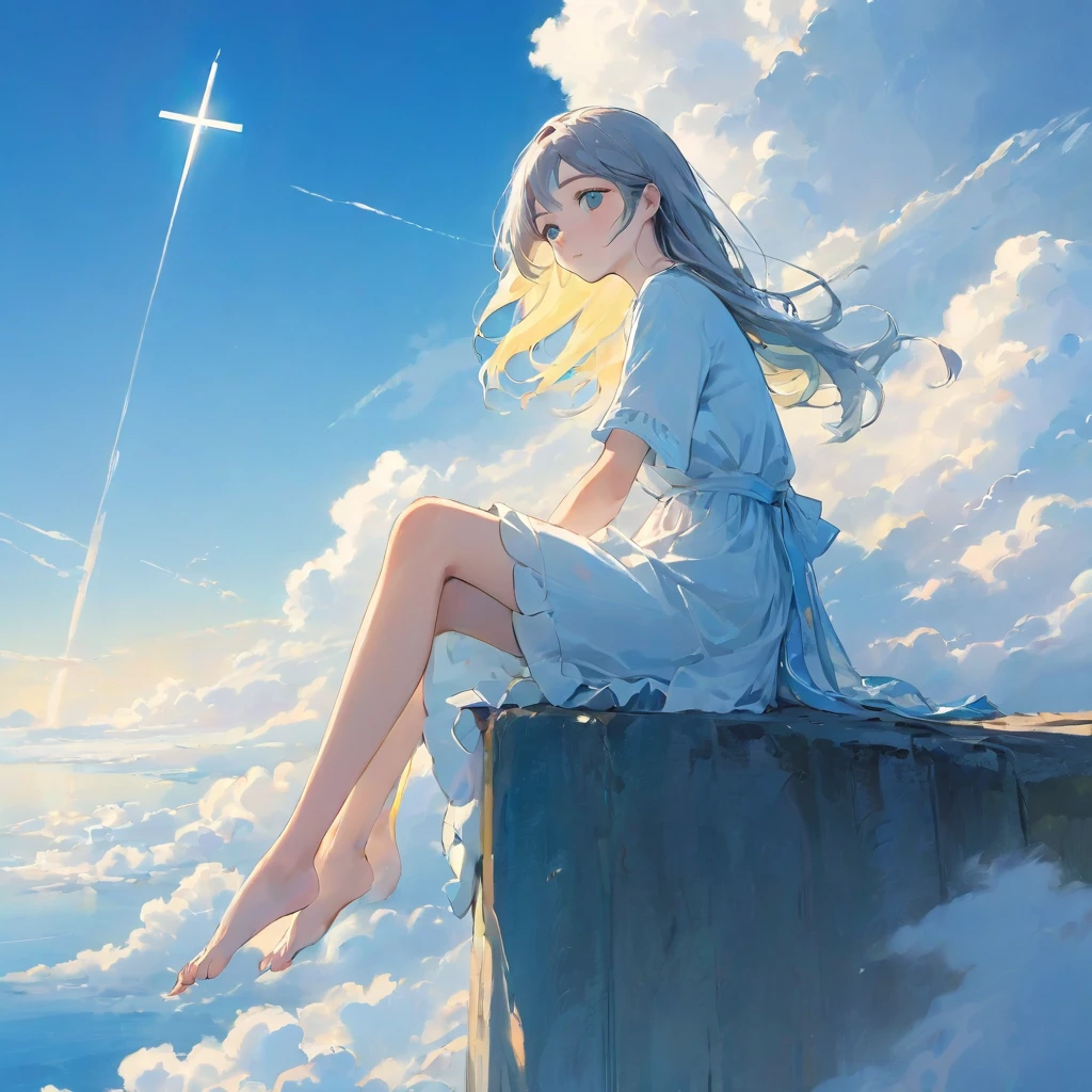 finely detailed illustration, vibrant color,High resolution、8k、pretty girl、One Girl、(Perfect and detailed eye drawing:1.2)、Highest quality、masterpiece、detailed eye and face, A thin tower stretching high into the sky、Cylindrical tower、sea of clouds、blue sky、Sitting cross-legged、Hair blowing in the wind、Gray Hair、Girl staring into the distance、White clothes、barefoot、Full body angle、sea of clouds