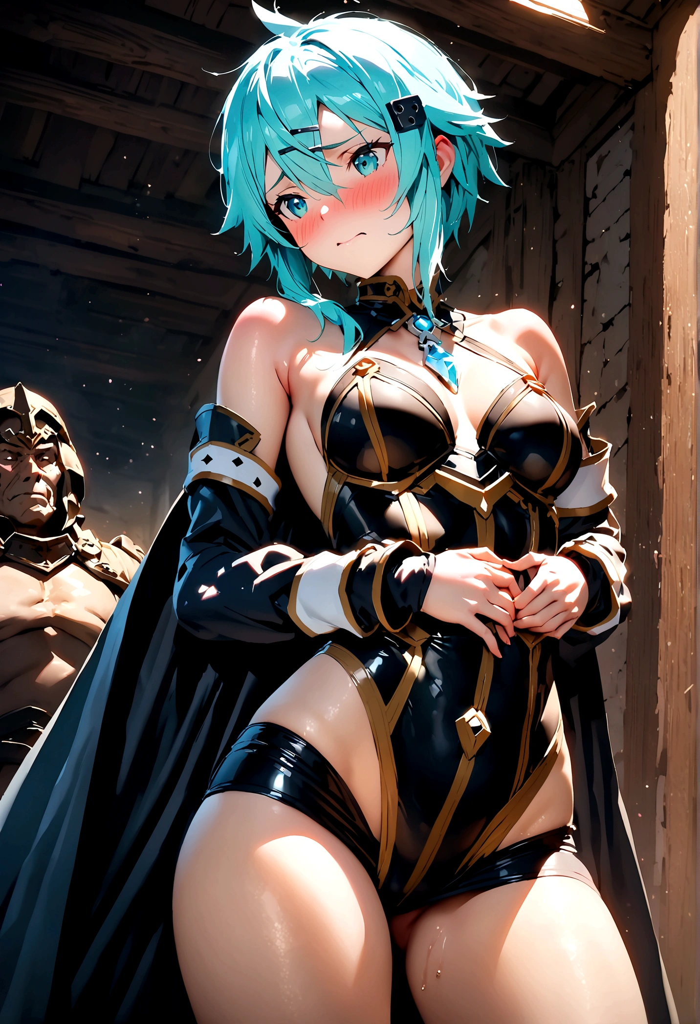 NSFW,masterpiece,Highest quality,High resolution,Super detailed,Sinon\(Sword Art Online\),Bare shoulders,Removable sleeves,Hand guard,leotard,Cape,mini skirt,gem, hair ornaments, Hair Clip,Embarrassed,expectant face,(Lust),(Estrus),blush,Fantasy,Adventurer's Guild,reception,indoor,(Tough-faced man),(A man puts his hands on her waist and hugs her)