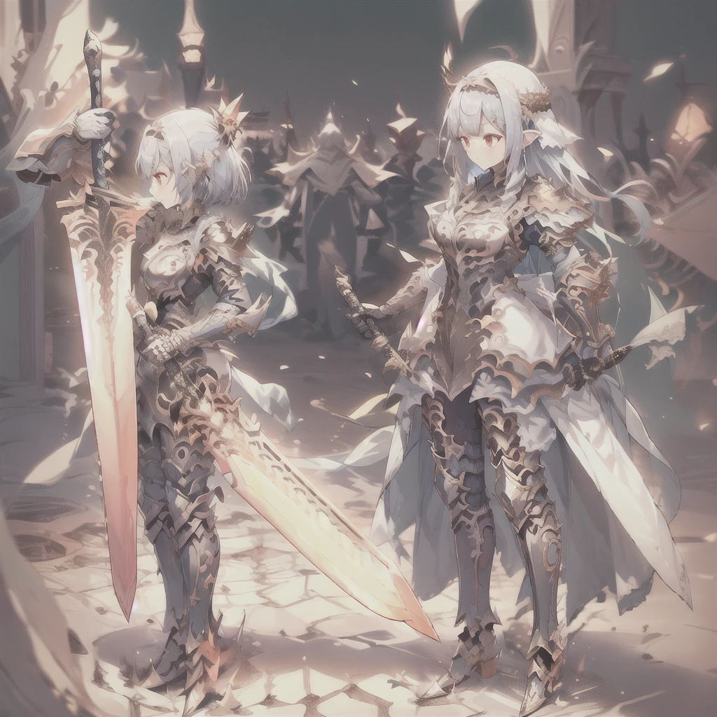 High resolution, Highest quality, One girl, (Adult:1.2), alone, alone_concentrated, CGDivineSwordsw, arms, alone, Holding, shineing, sword, Holding arms, shineing arms, Are standing, Holding sword, shineing sword, planted sword, Slope, Slope background, Shin Guards, Scapula,shine, white_hair, red_eye, straight_hair, length_hair, View your viewers,