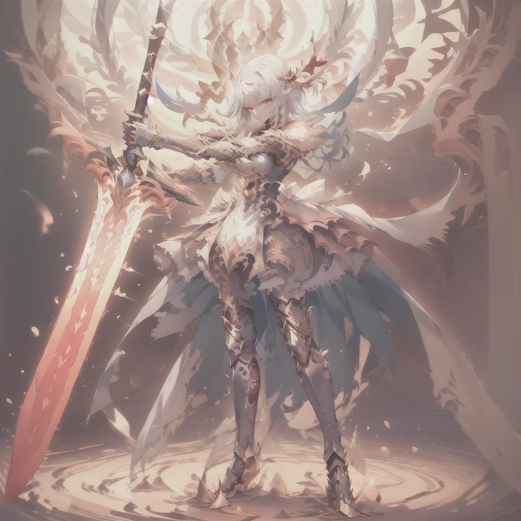 High resolution, Highest quality, One girl, (Adult:1.2), alone, alone_concentrated, CGDivineSwordsw, arms,  alone, Holding, shineing, sword, Holding arms, shineing arms, Are standing, Holding sword, shineing sword, planted sword, Slope, Slope background, Shin Guards, Scapula,shine, white_hair, red_eye, straight_hair, length_hair, View your viewers,