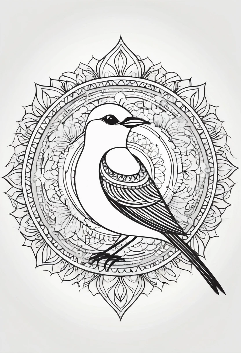 happy white and black bird, Simplified Mandala style, outline, vector, white background