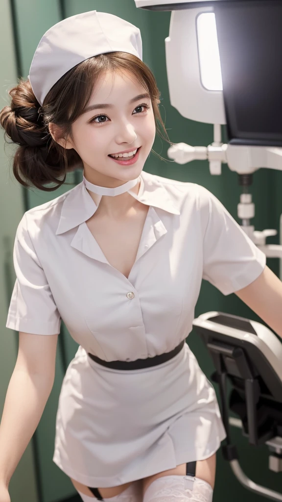 Top quality, Photo Real, High resolution, Detailed Background, (((Beautiful skin in every detail))), Detailed nose, (((Without makeup1.100))),(((Completely no makeup))),((Clear and beautiful skin with transparency1.100)),Soft lighting, (Solo Shot:1.9),(((Thick fabric round collar nurse uniform1.15))),(((She is wearing a white clothes which is completely buttoned1.20))),(tight clothing1.8),(((She is wearing a cute shape plain color nurse cap))),Neat clothes with little exposure,(((Very soft-looking thighs1.30))),((Super mini skirt)),(((Neck choker))),(((Sexy garter belt))),Little close-up shot, (((Shooting above the knee))),Nice hands, Perfect hands, Clear Eyes,Pale skin,1 beautiful woman, (Japanese girl1.55),(((Around 17 years old1.20))),(Permed hair1.8),(((Bun hair1.8))),(((Soft-looking chest1.10))),(((A very large and well-shaped chesthidden under clothes1.80))),(((Cute lips1.20))),(((Great style1.55))), (Open-mouthed and smiling very happily1.10),(She is laughing heartily with her mouth wide open, and she looks so cute1.20),Beautiful eyes,Looking up with eyes,Staring at me,staring directly,smile towards,(She is looking straight at me from the front1.15),((Accurate structure of the limbs1.20)),(((Performing surgery as an assistant in the operating room))),