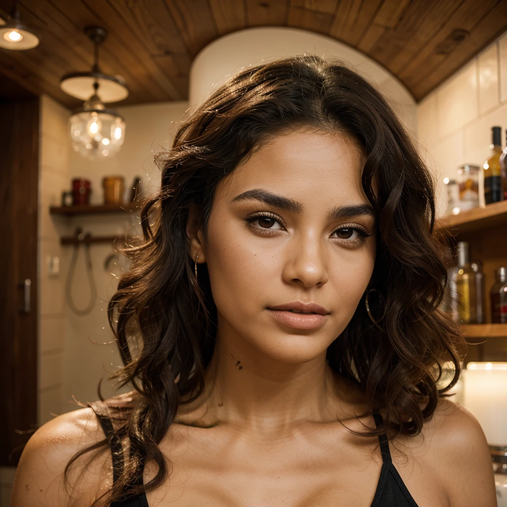 latina, sexy, curly hair, smooth skin, Well-defined eyebrows, Full lips, High cheekbones, Defined chin, 