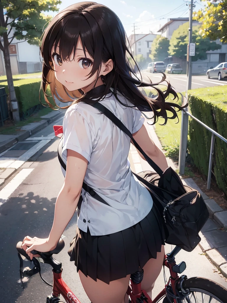 master piece, extremely detailed, high resolution, Makoto Shinkai style, girl, blouse, mini skirt, Riding a bicycle, Showing your back and turning around, master piece, extremely detailed, high resolution, Makoto Shinkai style, girl, blouse, mini skirt, Riding a bicycle, Showing your back and turning around, Long Straight Hair, Brown Hair, Glossy, plump lips, Shiny Hair, A happy look, Rural road sceneryストレートヘアー, Brown Hair, Glossy, plump lips, Shiny Hair, A happy look, Rural road scenery