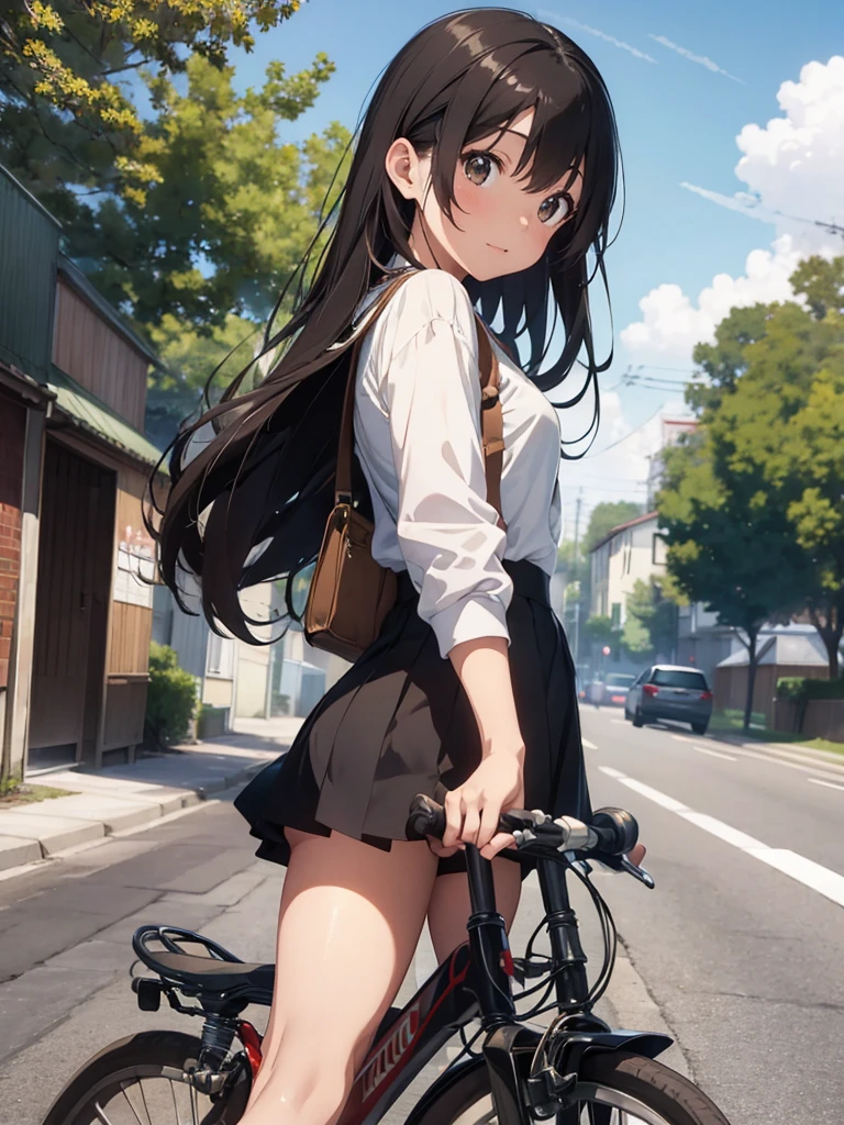 master piece, extremely detailed, high resolution, Makoto Shinkai style, girl, blouse, mini skirt, Riding a bicycle, Showing your back and turning around, master piece, extremely detailed, high resolution, Makoto Shinkai style, girl, blouse, mini skirt, Riding a bicycle, Showing your back and turning around, Long Straight Hair, Brown Hair, Glossy, plump lips, Shiny Hair, A happy look, Rural road sceneryストレートヘアー, Brown Hair, Glossy, plump lips, Shiny Hair, A happy look, Rural road scenery