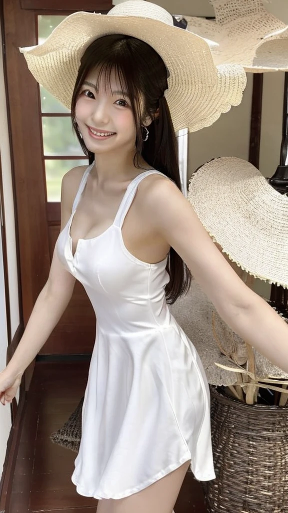 Beautiful, pretty, smiling Japanese woman in her 20s. She is wearing a white sleeveless dress. She is standing upright and has a D cup. Her arms are outstretched and her long hair is brushed back, revealing her sides. Simple interior,full body.