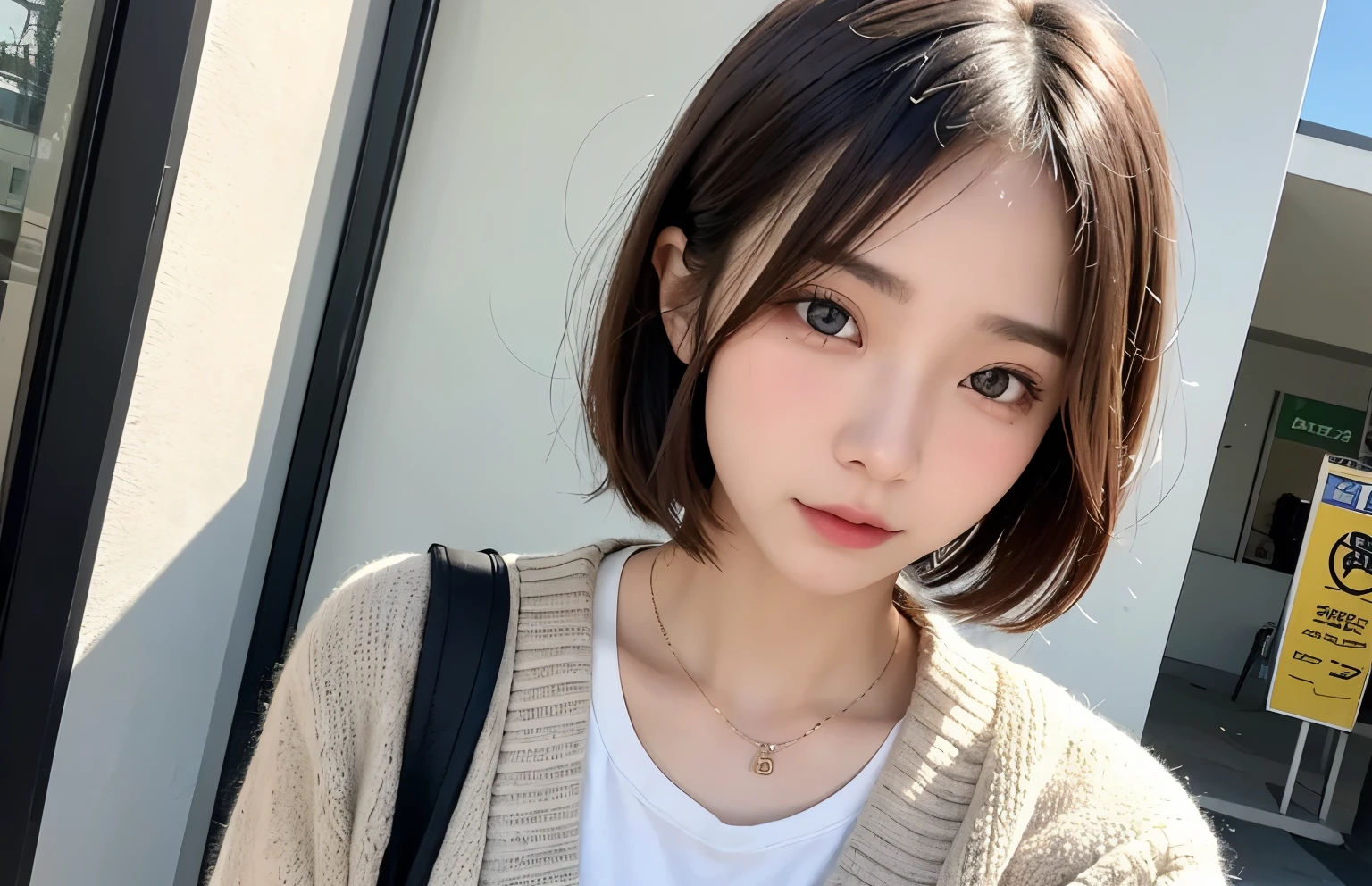 1 Taiwan model, Hair Model, Unique hair details, Knitted Cardigan, double eyelid, Very short hair、Blonde-like brown hair、Street Snap、View from below、Tear bags are large、Mole under right eye、fjat chest、Embarrassed look、26 years old、Taiwanese women、