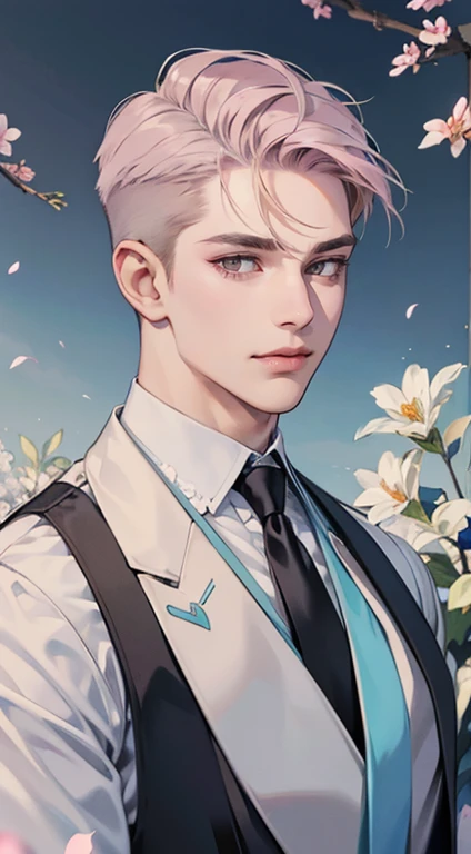 ((masterpiece)),(((best quality))), (detailed light) (detailed shadow), (high quality, breathtaking),(expressive eyes, perfect face), 1man, solo, male, tall, (mature), board shoulder, muscular, (((undercut hairstyle))), short grey pink hair, ((light blue eyes))), happy smiling face, smile in love, black suit, white tie, oak tree background, flower petal flying, windy, look at viewer,