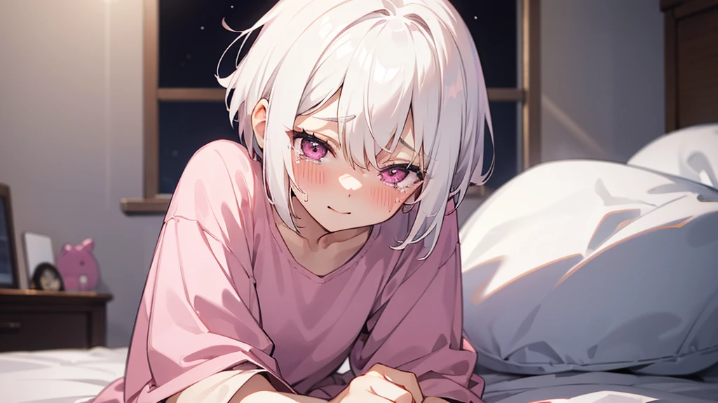White Hair Girl、Pink Eyes、Short Hair、Only one girl、Night、In the bedroom、Blushing、laughing、Excited、Just One、Sitting on the bed、Sweating、With tears in their eyes、On all fours