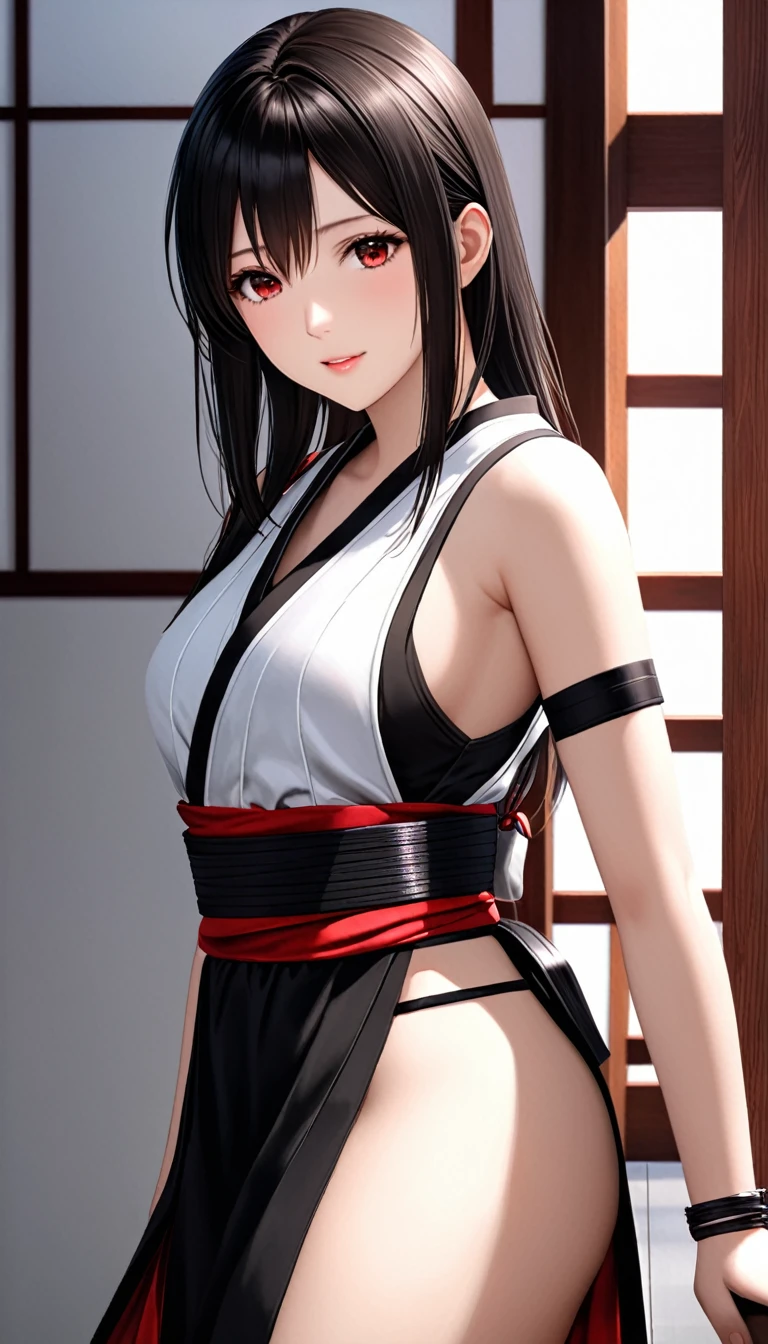 (photoPractical:1.4),best quality,Practical, masterpiece, Extremely delicate and beautiful, CG,Extremely detailed ,high resolution, Extremely detailed, 1 Girl, Tifa_Lockhart,Beautiful and delicate girl,whole body, Practical,Japanese clothes, Beautiful and delicate red eyes, There is light on the face, light,,