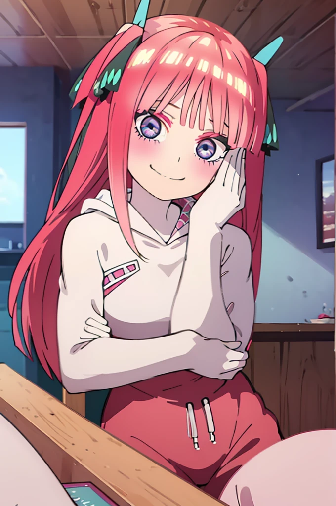 (1 girl, absurdly pink fur cut by hime cut, rainbow eyes, Crazy smile) (digital) (resting, in detailed dining room, (hooded jumpsuit)) , Best Quality, spidergwen,