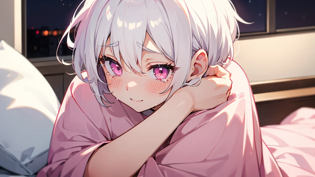 White Hair Girl、Pink Eyes、Short Hair、Only one girl、Night、In the bedroom、Blushing、laughing、Excited、Just One、Sitting on the bed、Sweating、With tears in their eyes、On all fours