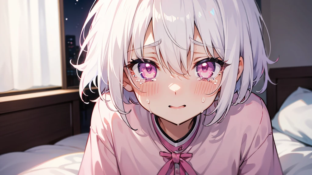 White Hair Girl、Pink Eyes、Short Hair、Only one girl、Night、In the bedroom、Blushing、laughing、Excited、Just One、Sitting on the bed、Sweating、With tears in their eyes、On all fours