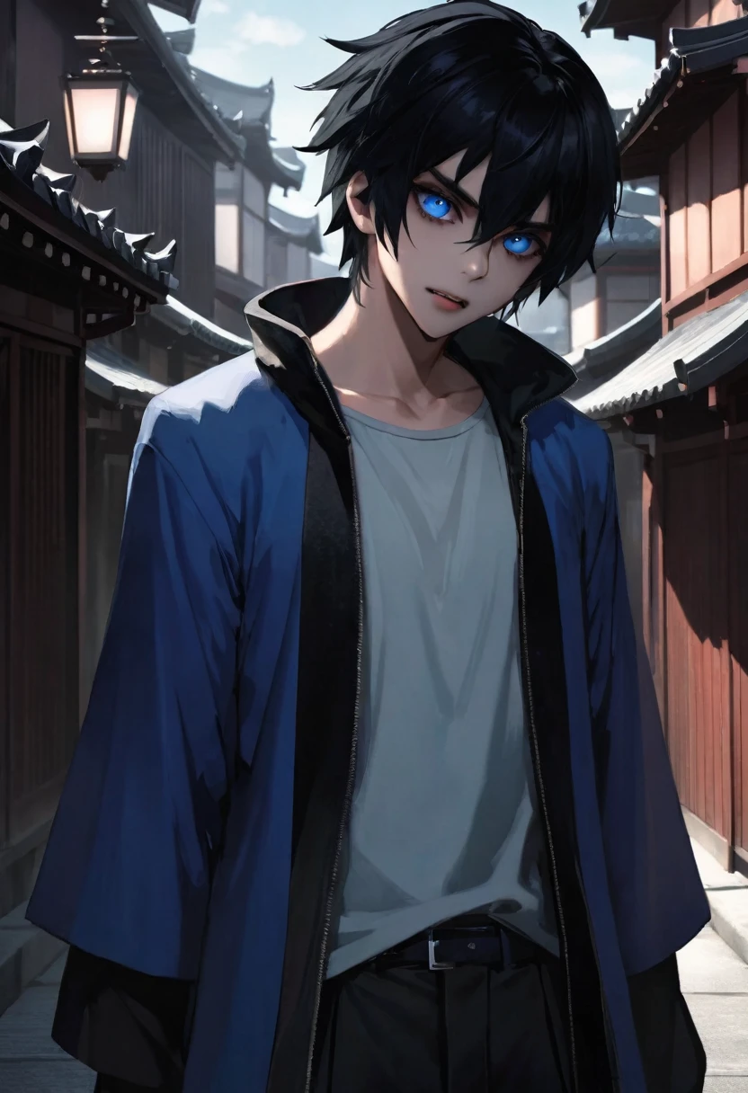 Detailed anime style, masterpiece, Studio Quality, 6k, full-body shot, 1 boy, demon, Fangs, teeth, Gray eyes, Skin of color, (Blue Skin of color 0.9), Gothic, Heavy, Black Hair, Detailed background, Modern Japanese Town, Complementary colors, light, Detailed shadows, Digital Texture