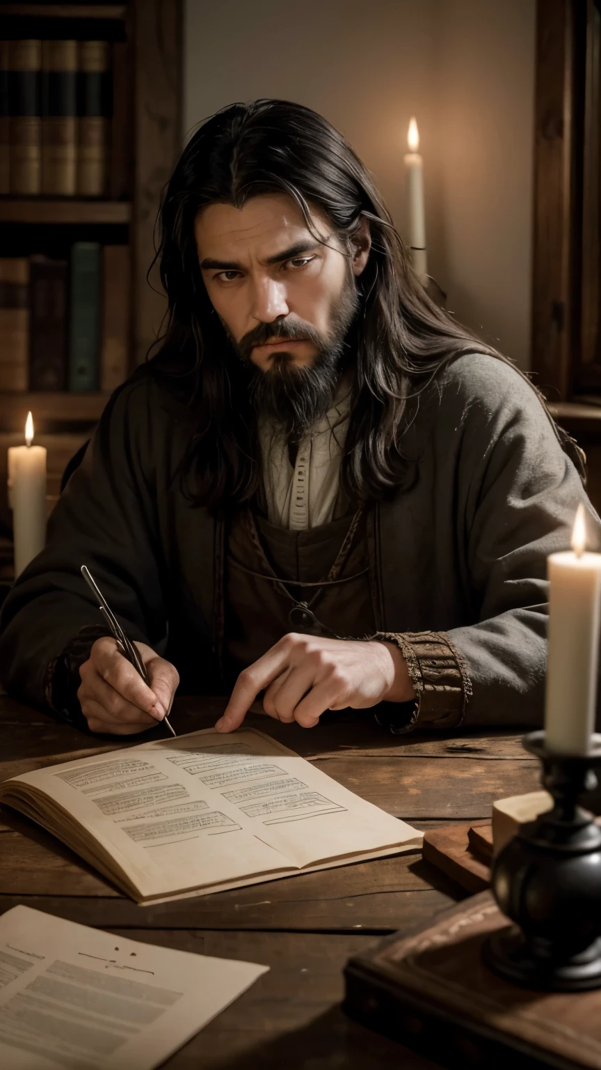Generates an image of William of Nogaret working in his studio in the Middle Ages, in the early hours of the morning. He has medium long black hair., with black beard. The room is dimly lit by the light of several candles., creating an atmosphere of concentration and mystery. Guillermo, Dressed in medieval clothes, leans over a wooden table covered in documents and scrolls. His face shows an expression of intense concentration as he reads the documents under the flickering candlelight.. The stone walls of the study are covered with shelves full of books and scrolls of parchment. There are no windows in the room, only candlelight