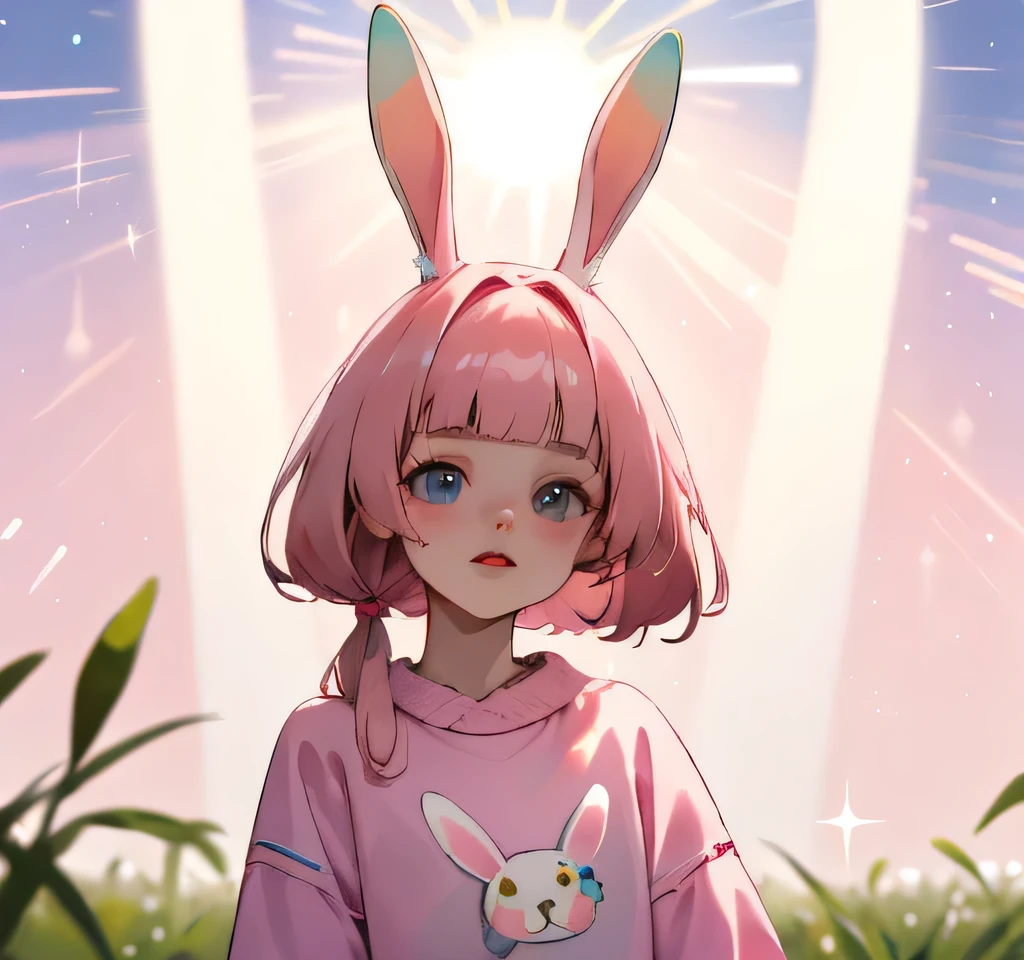 (high quality) (best quality) (a woman) (correct physiognomy) Woman, pink hair with bangs on her forehead, Bunny ears on her head, blue eyes, tender lips, middle age, pink sweatshirt with cute design and glitter, lighting of the photo: sunlight, It is in the middle of a field of flowers