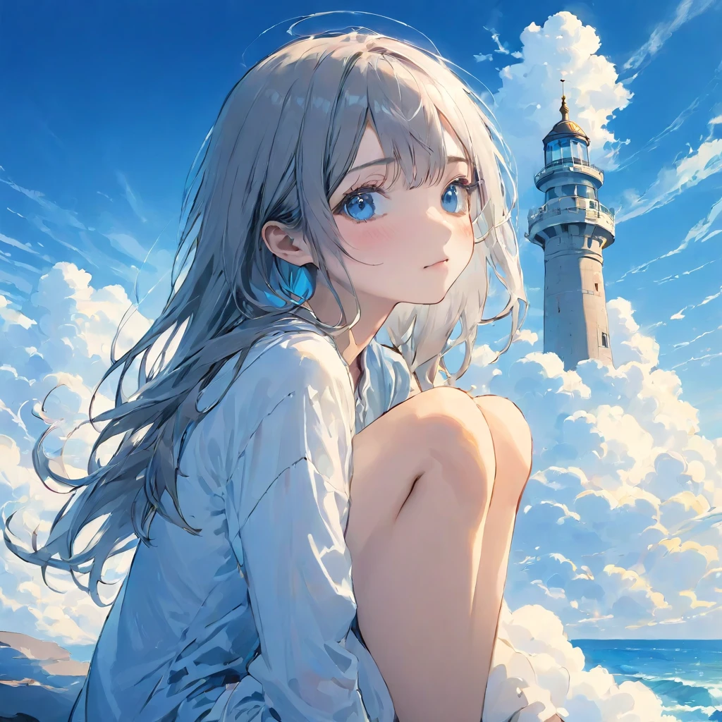 finely detailed illustration, vibrant color,High resolution、８ｋ、pretty girl、One Girl、Perfect and detailed eye drawing、Highest quality、masterpiece、detailed eye and face, A thin tower stretching high into the sky、Cylindrical tower、sea of clouds、blue sky、Sitting cross-legged、Hair blowing in the wind、Gray Hair、Girl staring into the distance、White clothes、barefoot、Full body angle、sea of clouds
