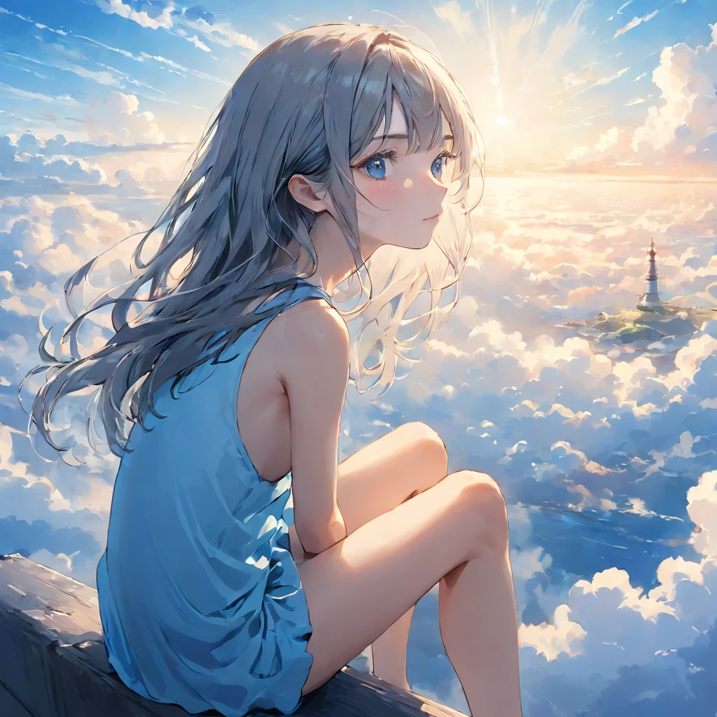 finely detailed illustration, vibrant color,High resolution、8k、pretty girl、One Girl、Perfect and detailed eye drawing、Highest quality、masterpiece、detailed eye and face, A thin tower stretching high into the sky、Cylindrical tower、sea of clouds、blue sky、Sitting cross-legged、Hair blowing in the wind、Gray Hair、Girl staring into the distance、White clothes、barefoot、Full body angle、sea of clouds