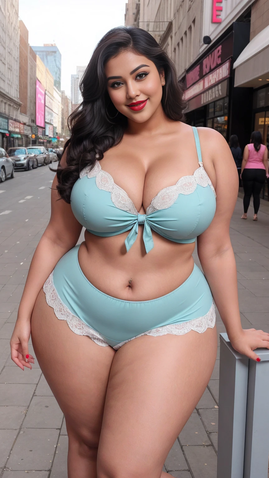 Create a cinematic UHD image of a plus-size woman showcasing her beauty and confidence. Highlight her curvy figure with big, bulging breasts and deep cleavage, alongside a slim waist and thick thighs. Ensure her plump face radiates with smooth, spotless white skin and wavy black hair styled elegantly with bright brown highlights. Pay attention to her eyes, featuring light blue color with detailed iris patterns and long, thick eyelashes, framed by thick, well-shaped eyebrows. Pose her confidently in a croptop or bikini against a backdrop of a colorful London village under natural daylight, ensuring every detail is sharp and of high quality.