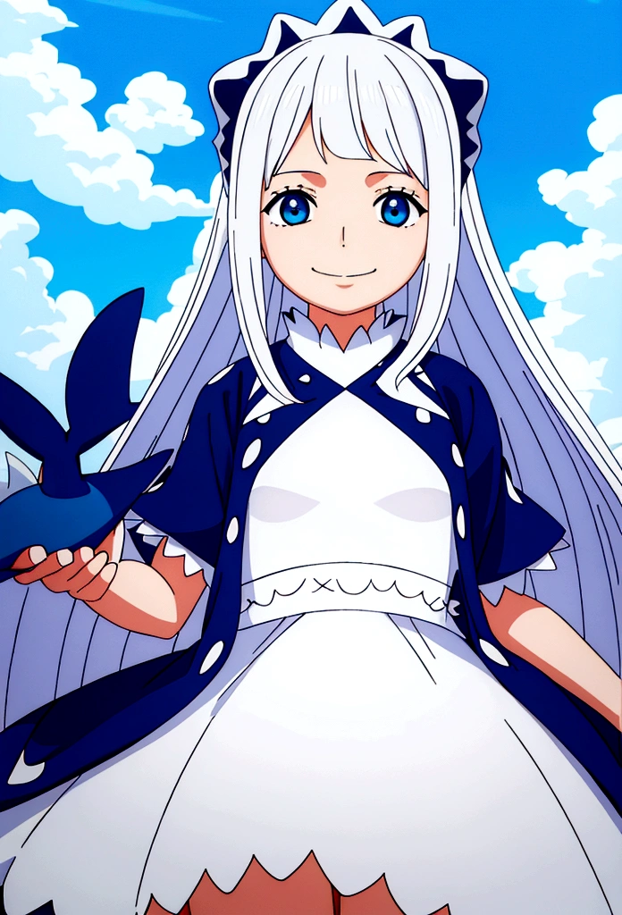 girl (5 years old), platinum white long hair, blue eyes, wearing cute dress, holding a whale shark plush, smiling in a sunny day