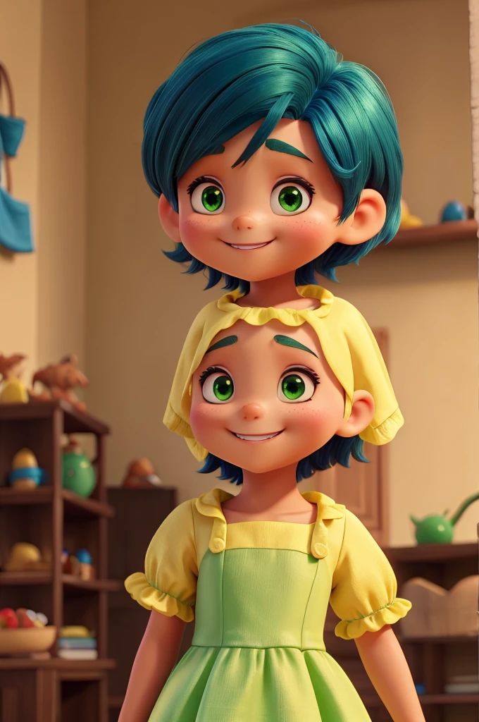yellow skin, short dark blue hair, green dress and smiling