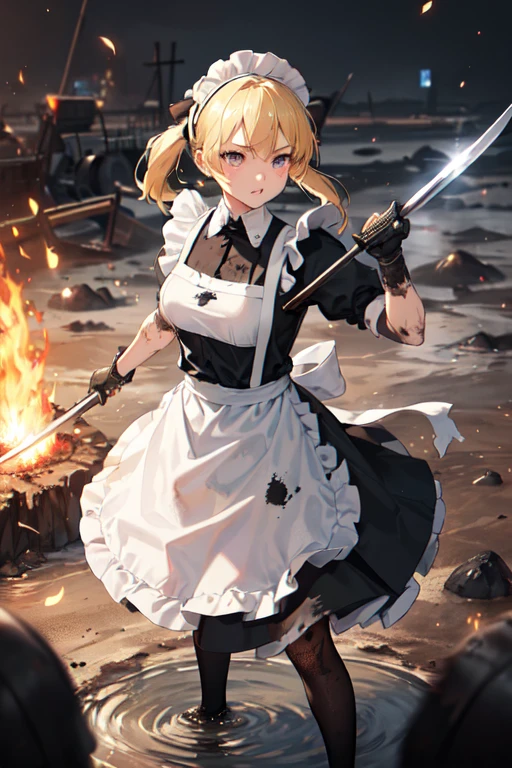 (((Highest quality))), ((masterpiece)), (((detailed))), (((Attention to detail))), One girl, cute, Blonde, Blonde碧眼, Small breasts, ((Black maid outfit, White apron, Headband, The skirt is long)), (((A girl in a maid outfit is fighting with a large sword))), ((燃えているbattlefield1.6)), wasteland, fierce fighting, Fierce Battle, Intense Battle, battlefield, sparks, Enemy, Tsuba competition, Slashing, ((duel)), (((Soot and mud, 服やエプロンがdirty, dirty, 全身がdirty, Tattered, 1.6))), (((Soot and mud, メイド服がdirty, エプロンがdirty, 服がTattered, ))), ((Covered in soot, Covered in mud, Covered in charcoal, )), dirty, 服がTattered, Torn clothing,
Has a big sword, ((Western design sword)), (((The sword is held by a stick.))), ((Wielding a sword)),