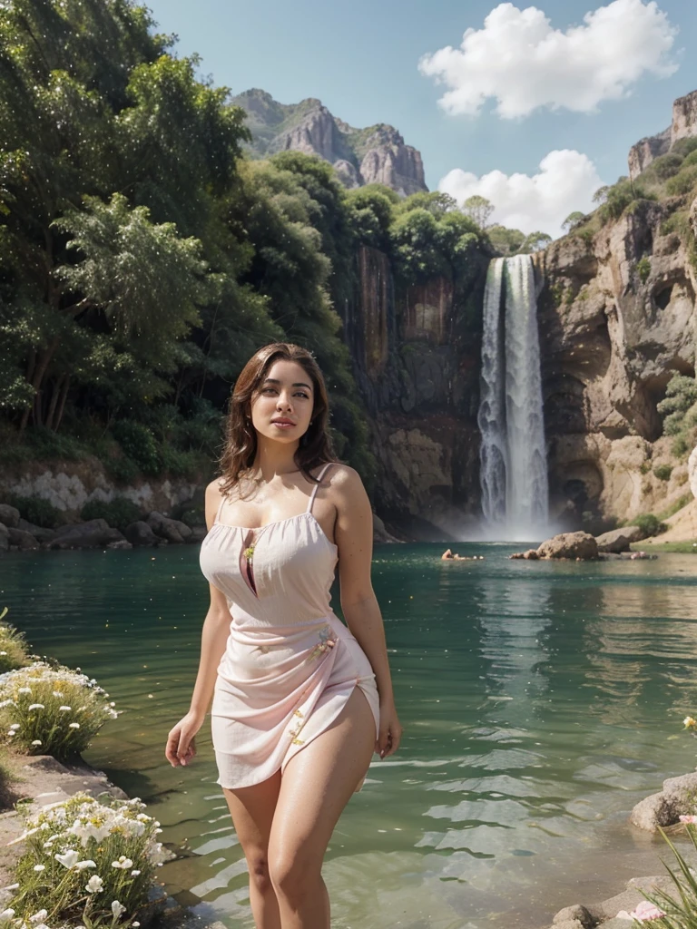 Arab dress, yellow dress, short dress (white), crocodile near the mountain, water near the grass, waterfall nearby, light green, bright flowers, red sky, wearing suit (white), lips (pink) Escasamente vestido, beautiful face Hermosa big hips shine in the sky, oval curves sonrisa seductora Retrato Gabriella Lin Rojo red-orange dress