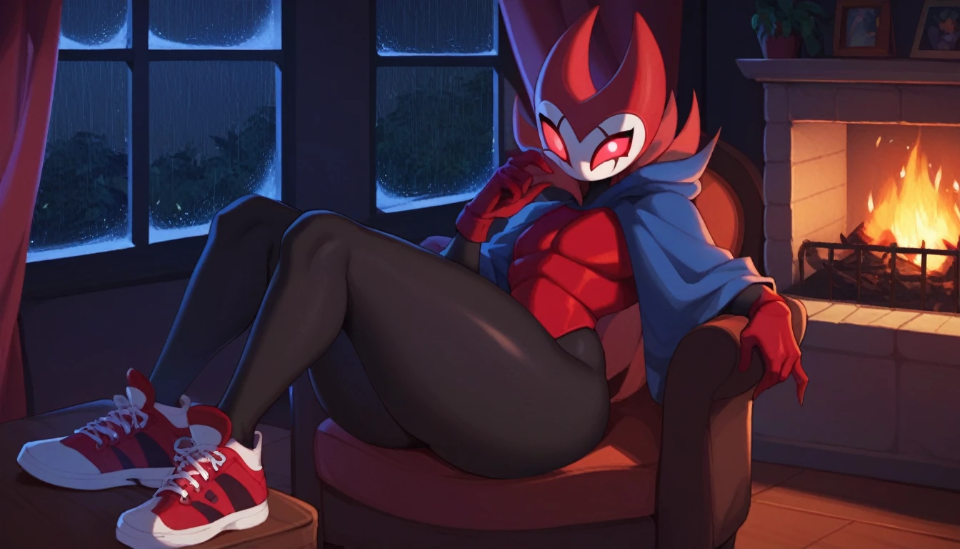 score_9, score_8_up, score_7_up, score_6_up, zPDXL2, grimm \(hollow knight\), vampire, bat, 1boy, solo, cute face, detailed eyes, anthro, near the window, landscape, highlight thighs, red sports gloves, sneakers, blue hooded sweatshirt, thick thighs, smug face, NSFW, seductive poses, sitting in a chair, looking at the viewer, at night, it is raining outside, near a fireplace 