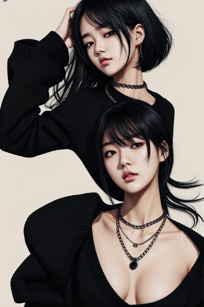 best quality, (masterpiece), Ultra-detailed, (novel illustration:1.2), (korean webtoon style:1.2), (bold line), (highres:1.2), dramatic light, 1girl, 
anime girls fight with blood on their cheeks
short black hair
wear a black sweater
sleepy
fierce
all black clothes
black chain around the neck
