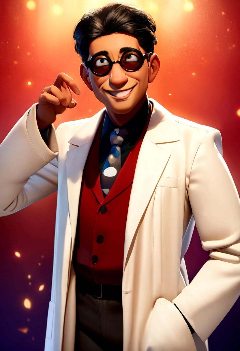 A Disney-style 3D Pixar movie poster with the text "KEKA the Jaguar" with an(Pixar-style,character creation),(lab coat),(bright coloured, Bright shades),(studio lighting),(lifelike details,high resolution),(Playful expression),(petros hair),(big round black eyes),(cartoonish facial features),(inspired by Pixar animation),(Spark of creativity),(laboratory equipment),(coloured background),(happy and extravagant atmosphere)