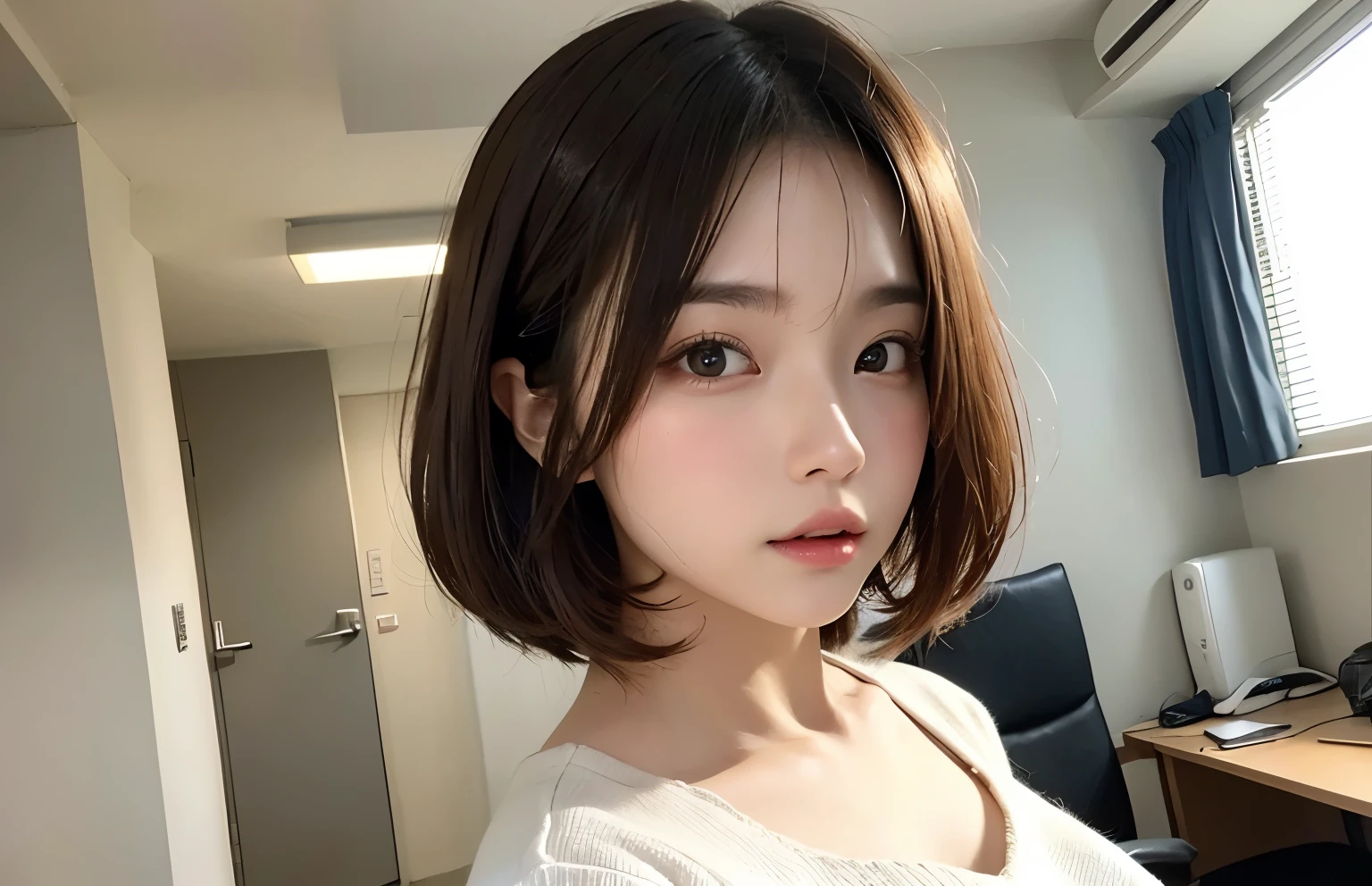 1 Taiwan model, Hair Model, Unique hair details, Tシャツにジーンズ, double eyelid, Very short hair、Blonde-like brown hair、View from below、Tear bags are large、Mole under right eye、fjat chest、Embarrassed look、26 years old、Taiwanese women、twilight、office