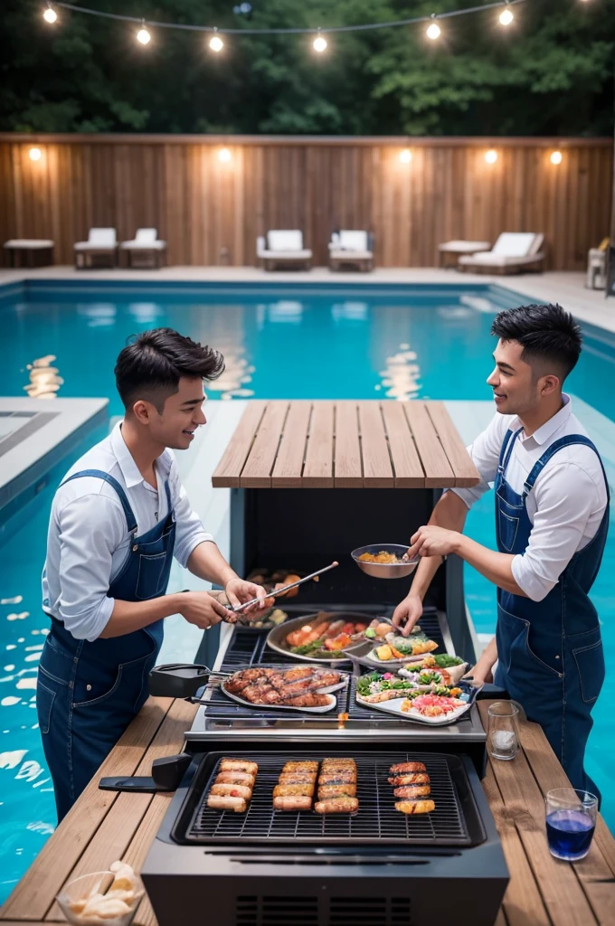 Make a picture of a party, a barbecue, with approximately 10 SAMU employees all wearing navy blue long-sleeved overalls in an environment with a pool with blue water, charcoal barbecue and stereo.