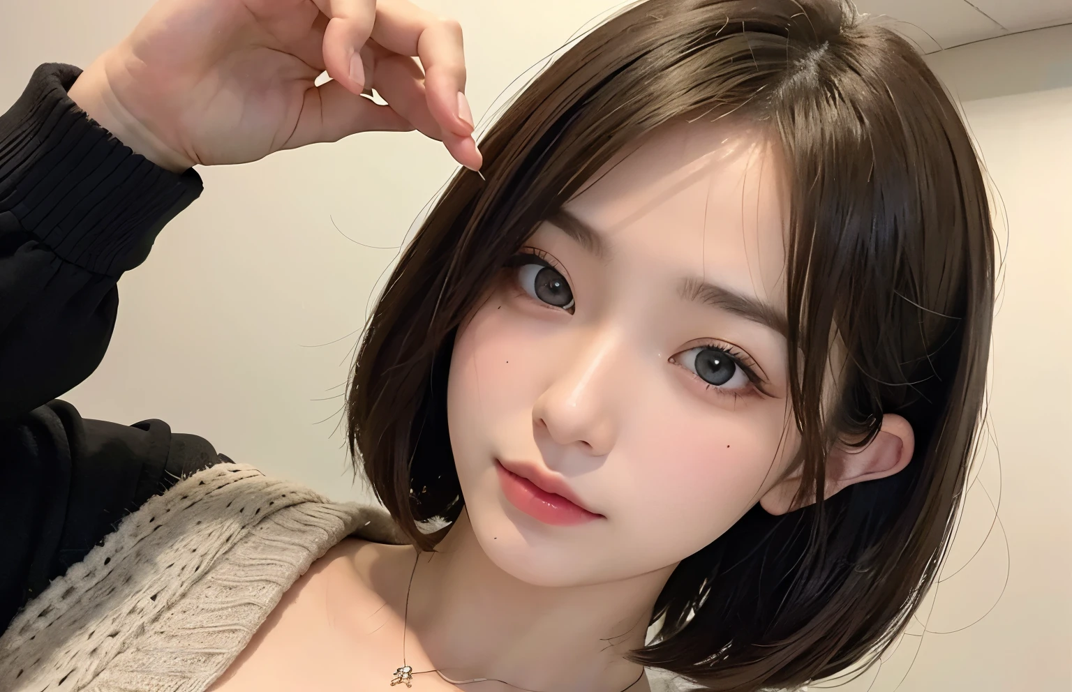 1 Taiwan model, Hair Model, Unique hair details, Tシャツにジーンズ, double eyelid, Very short hair、Blonde-like brown hair、View from below、Tear bags are large、Mole under right eye、fjat chest、Embarrassed look、26 years old、Taiwanese women、twilight、office