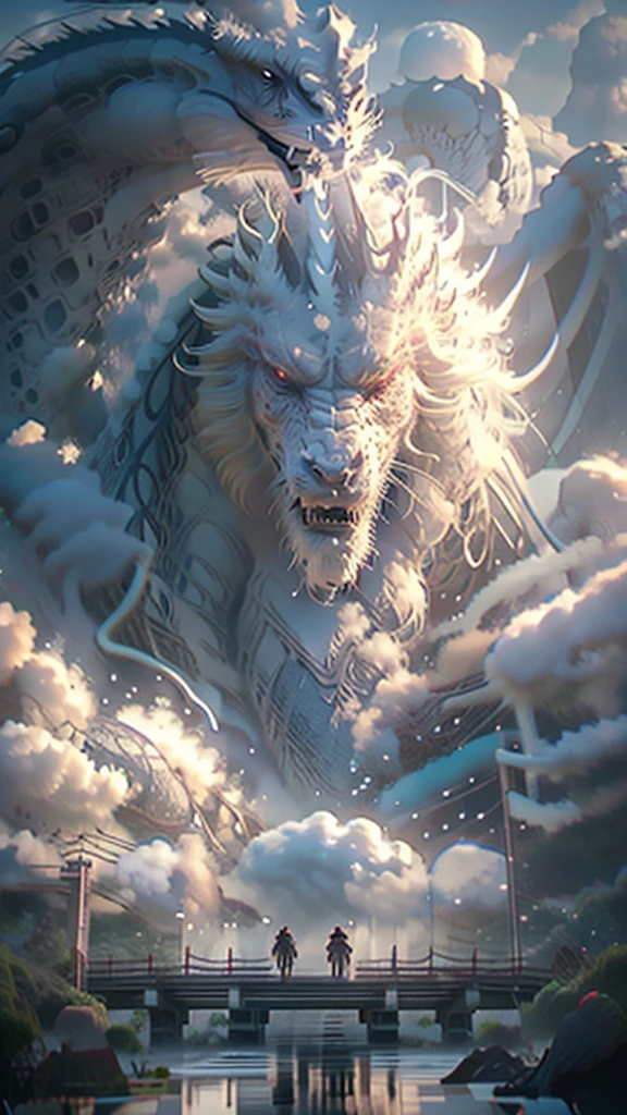 BJ_Sacred_beast, black dragon, outdoors, sky, day, cloud, water, blue_sky, no_humans, cloudy_sky, building, scenery, reflection, monster, bridge, fog, cinematic lighting,strong contrast,high level of detail,Best quality,masterpiece,White background,