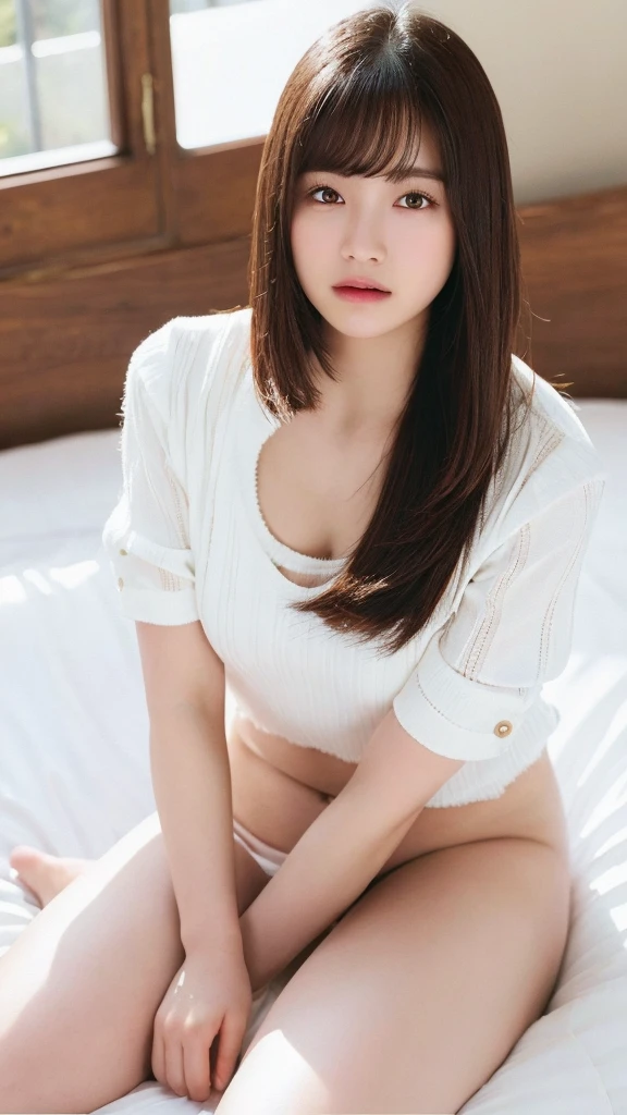 ((top-quality、8K、masterpiece:1.3))、Detail Women:1.3、(Medium hair、Colossal tits:1.4)、ultra -detail、detail、eyelid、Nude, nipples visible, genitalia visible, not wearing bra, not wearing panties, lying on bed, viewer can see female genitalia and nipples, front, provocative smile on viewer's face, Full body figure, baby face, Bold Pose, Crotch open, Squatting cowgirl, Slender body,