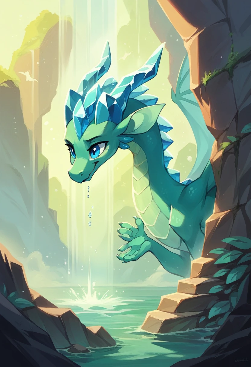 A small, magical water dragon perches on a stone ledge, its semi-transparent body shimmering like pure mountain streams. Each movement releases delicate droplets that evaporate into a light mist. The dragon's head features crystal-clear, ice-like horns, and its deep blue eyes reflect the ocean's mysteries. Its wings, resembling waterfalls, glisten in the light, appearing as thin films of water. With graceful, watery limbs and a tail that coils delicately, the dragon emanates an aura of tranquility, as if nature itself rests upon the stone.