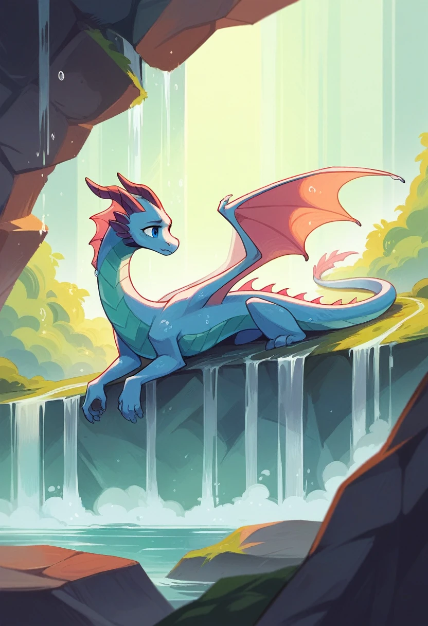 A small, magical water dragon perches on a stone ledge, its semi-transparent body shimmering like pure mountain streams. Each movement releases delicate droplets that evaporate into a light mist. The dragon's head features crystal-clear, ice-like horns, and its deep blue eyes reflect the ocean's mysteries. Its wings, resembling waterfalls, glisten in the light, appearing as thin films of water. With graceful, watery limbs and a tail that coils delicately, the dragon emanates an aura of tranquility, as if nature itself rests upon the stone.