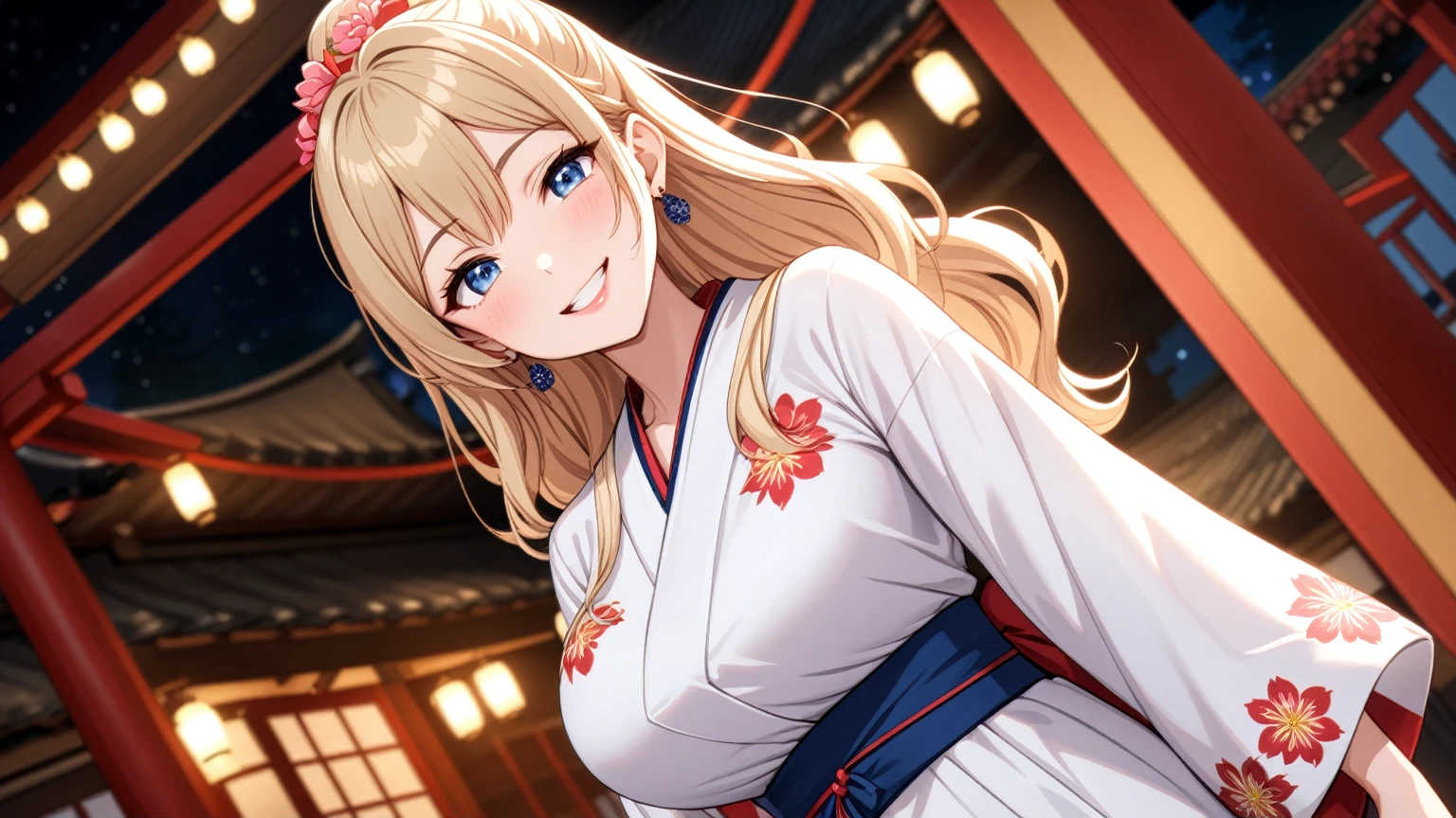 ((One personの女性)), Beautiful Face, (Laughing embarrassedly), ((smirk:1.1)), ((Wink:1.5)), (head tilt:1.3), Laugh with your mouth wide open, upper teeth, looking at viewer, ((Bright red cheeks:1.2)),Glossy Red Lips,night, Shrine festival stalls, Glossy red lips, Shining Face, ((Anime style background)),masterpiece, Highest quality, so beautiful,up to date, Complex details, (Pink long nails), (nail art), (ring),(bracelet),(Floral choker),AI-generated, Complex,High resolution, Highest quality, super high quality,3D Images、3D Images,One person,Blonde long hair,(High Ponytail), (wavy hair), Anime woman posing for a photo, ((Fine grain、Lightly pigmented blue eyes、Shining Eyes:1.3)), (Squint your eyes:1.1),a hyperRealistic , hyperRealistic , Realistic,Long and blonde anime woman, Smooth anime CG art, Pink large floral patternが刺繍された豪華な着物を着た女性, (White long sleeve kimono),(Pink large floral pattern) ,Long flower hair ornament,Earrings,Mature Body,(Big Breasts:1.1),Tall,Abdominal muscles,Tight waist, ((dutch angle:1.3)),
