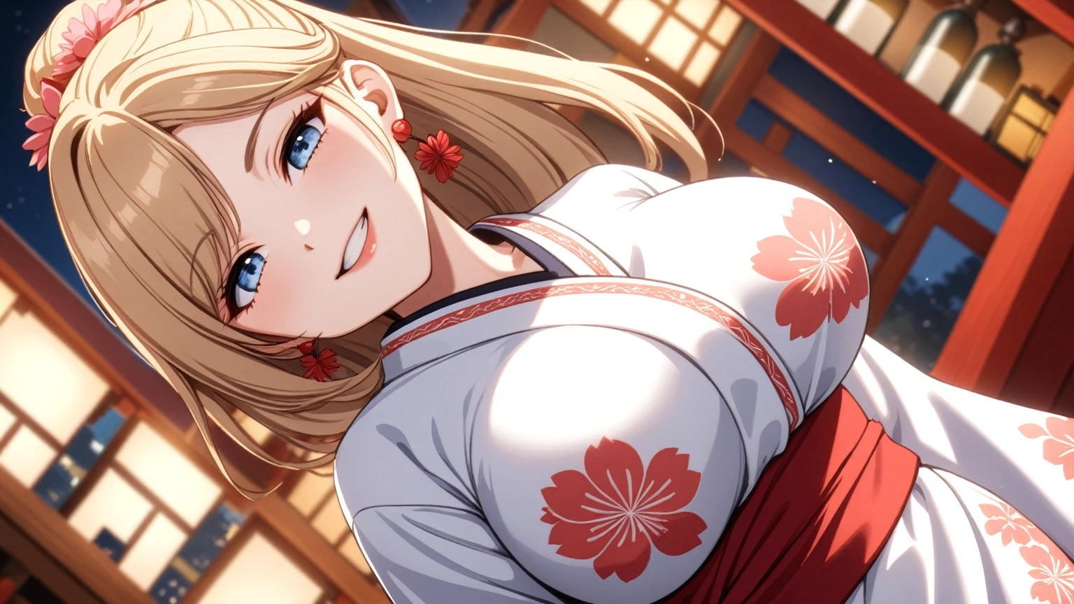((One personの女性)), Beautiful Face, (Laughing embarrassedly), ((smirk:1.1)), ((Wink:1.5)), (head tilt:1.3), Laugh with your mouth wide open, upper teeth, looking at viewer, ((Bright red cheeks:1.2)),Glossy Red Lips,night, Shrine festival stalls, Glossy red lips, Shining Face, ((Anime style background)),masterpiece, Highest quality, so beautiful,up to date, Complex details, (Pink long nails), (nail art), (ring),(bracelet),(Floral choker),AI-generated, Complex,High resolution, Highest quality, super high quality,3D Images、3D Images,One person,Blonde long hair,(High Ponytail), (wavy hair), Anime woman posing for a photo, ((Fine grain、Lightly pigmented blue eyes、Shining Eyes:1.3)), (Squint your eyes:1.1),a hyperRealistic , hyperRealistic , Realistic,Long and blonde anime woman, Smooth anime CG art, Pink large floral patternが刺繍された豪華な着物を着た女性, (White long sleeve kimono),(Pink large floral pattern) ,Long flower hair ornament,Earrings,Mature Body,(Big Breasts:1.1),Tall,Abdominal muscles,Tight waist, ((dutch angle:1.3)),