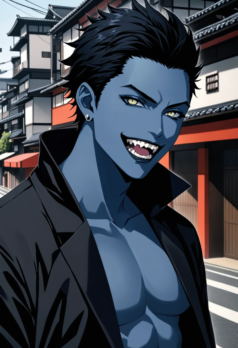 Detailed anime style, masterpiece, Studio Quality, 6k, full-body shot, 1 boy, demon, Fangs, teeth, Gray eyes, Skin of color, (Blue Skin of color 0.9), Gothic, Heavy, Black Hair, Detailed background, Modern Japanese Town, Complementary colors, light, Detailed shadows, Digital Texture
