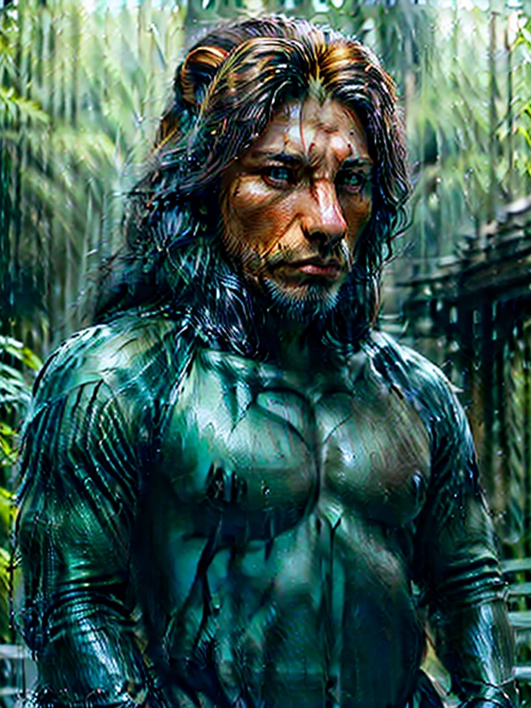 A man in rain forest, bear and lion on front of him , some realistic buildings nearby , great roads, wayerfall