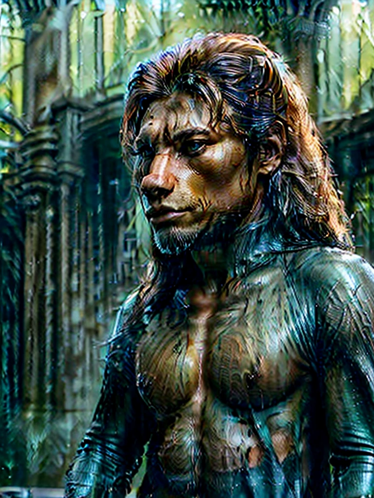 A man in rain forest, bear and lion on front of him , some realistic buildings nearby , great roads, wayerfall