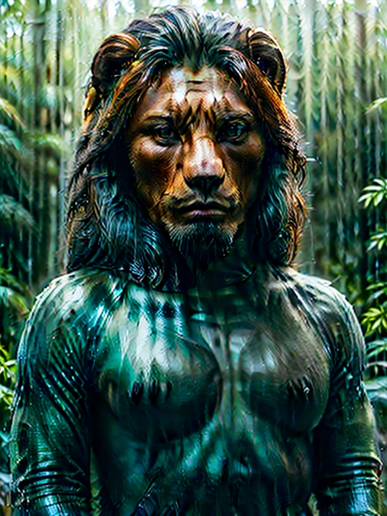 A man in rain forest, bear and lion on front of him , some realistic buildings nearby , great roads, wayerfall