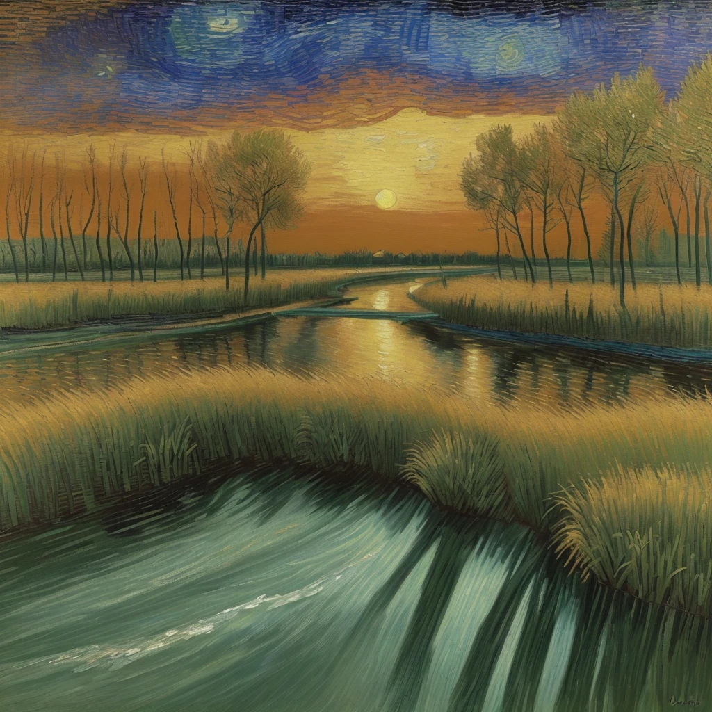 a Van Gogh painting style of a river during a sunset