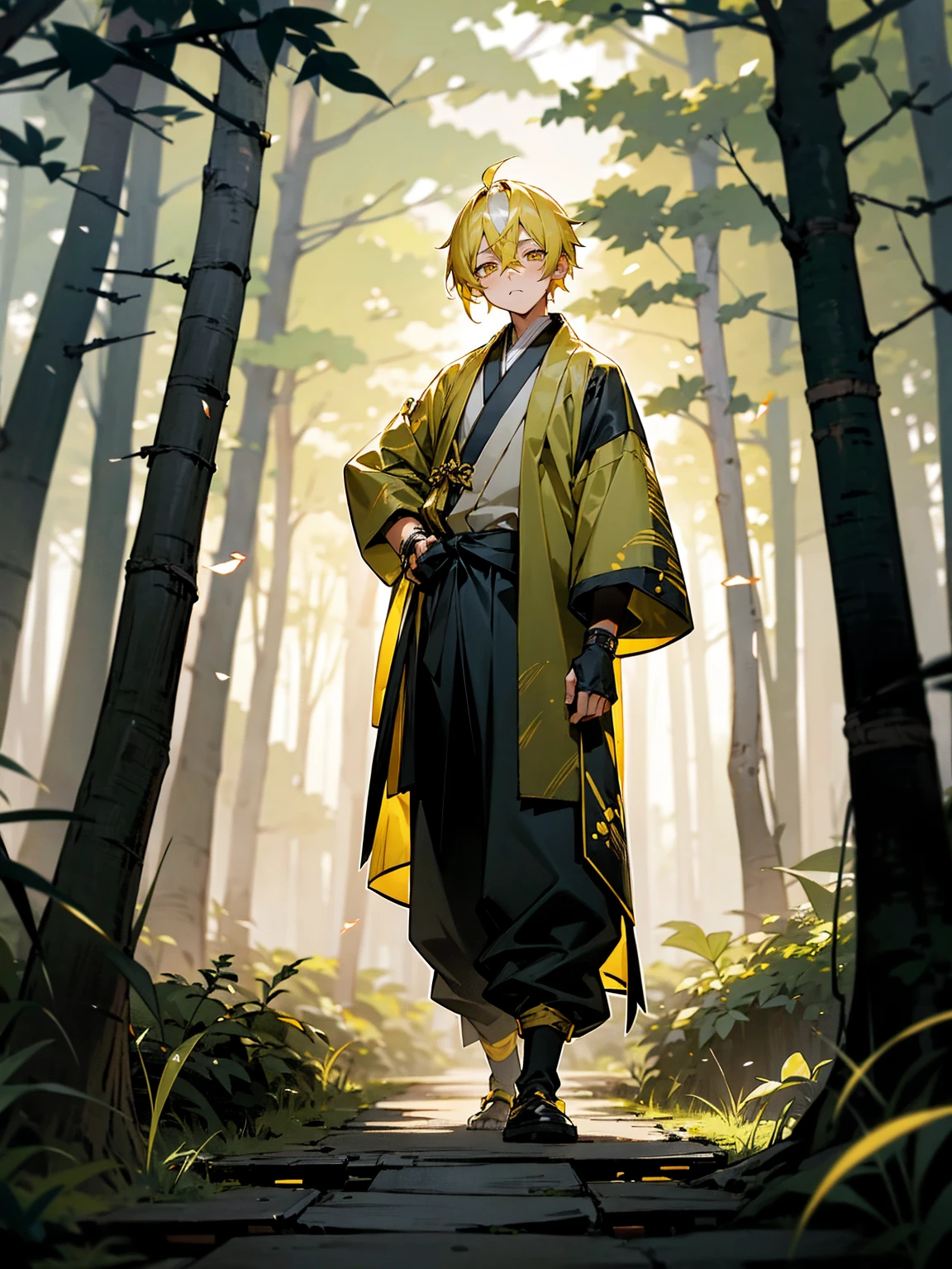 1male, black and yellow hair, two toned hair, young, yukata, lightning haori, sleepy expression gold eyes, forest, standing on path, perfect lighting, black baggy pants